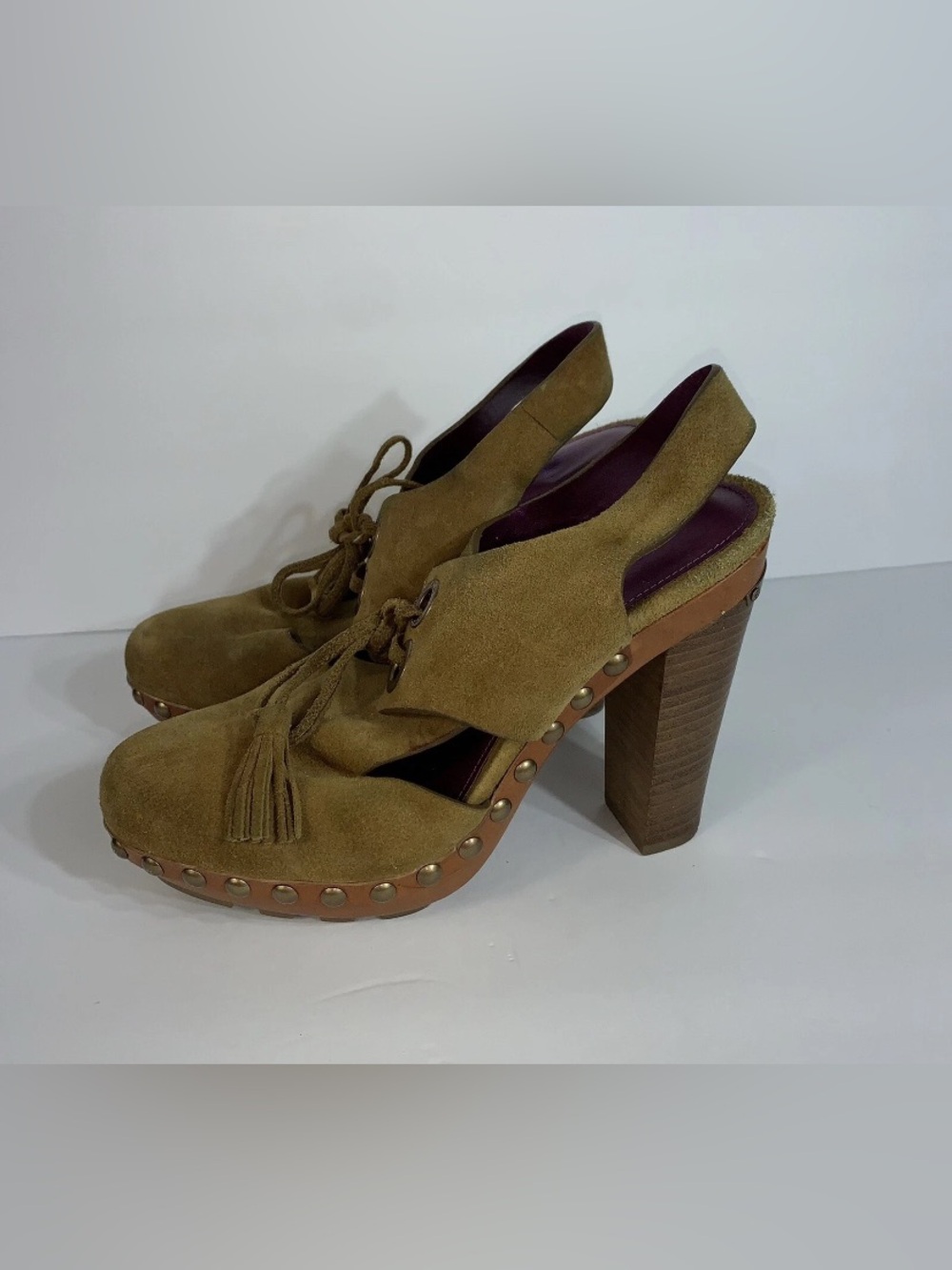 Coach Rena poppy ❤ suede studded platform clog style heels, camel color, sz 7B
